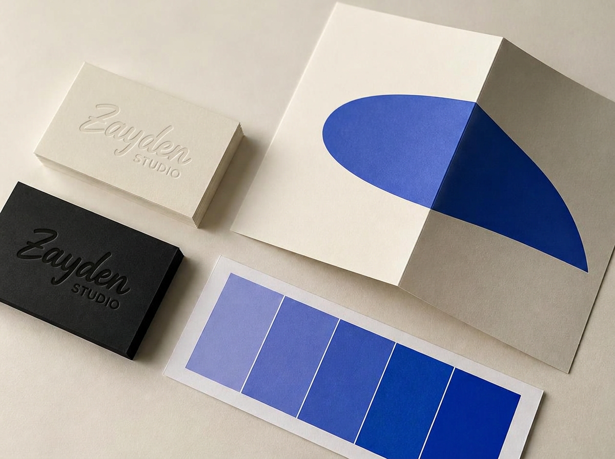 Printmuster in Creme und Schwarz mit blauem Farbakzent