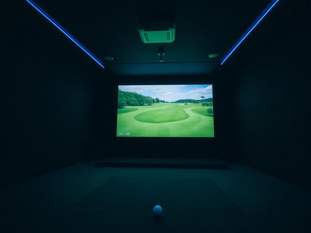 Dunkle Indoor-Golflounge mit beleuchtetem Simulatorbildschirm