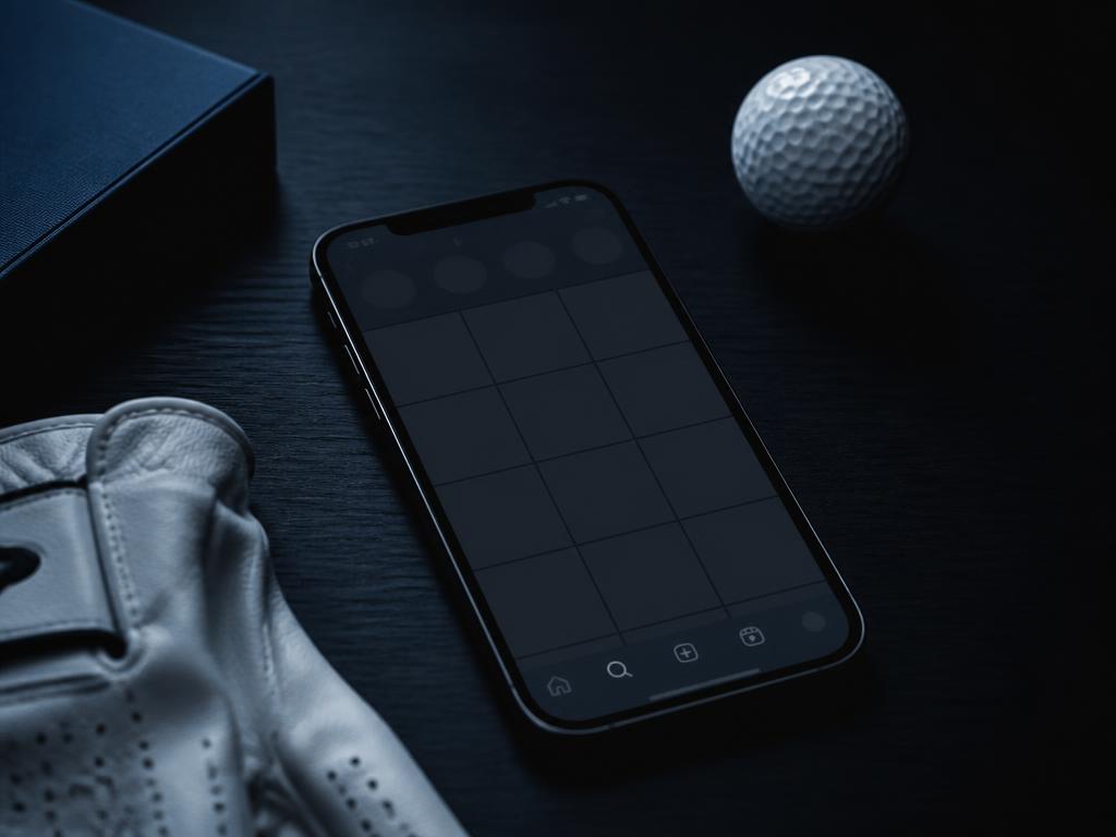 Smartphone mit Social-Media-Raster neben Golfball und Handschuh